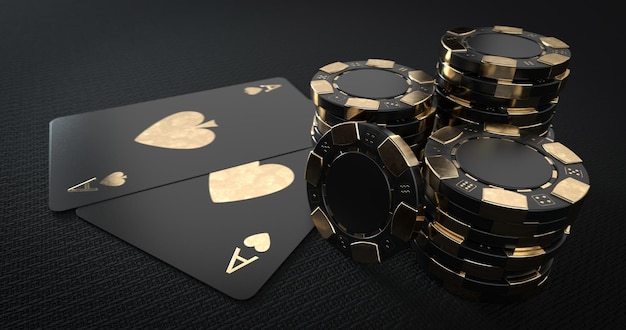Fichas de cassino preto e dourado moderno e cartas de jogo ilustração 3D conceito