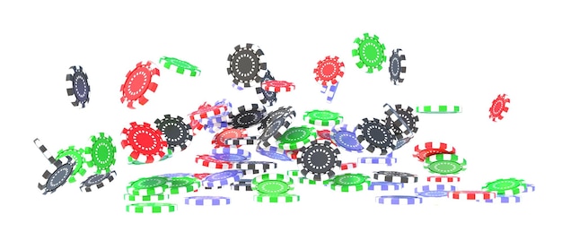 Fichas de jogo de pôquer de cassino caindo sobre fundo branco Jogo de lazer de apostas renderização 3d