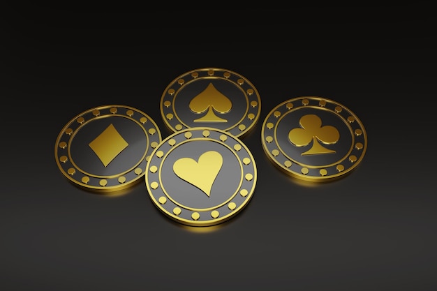 Fichas de pôquer douradas isoladas na ilustração 3d de fundo escuro