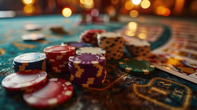 Fichas de pôquer e cartas na mesa no cassino Closeup