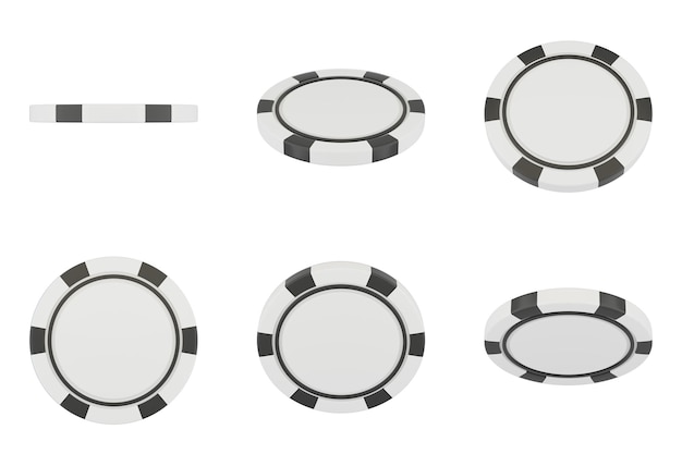 Fichas de pôquer isoladas no fundo branco. Fichas de cassino brancas em posições diferentes. Renderização 3D.