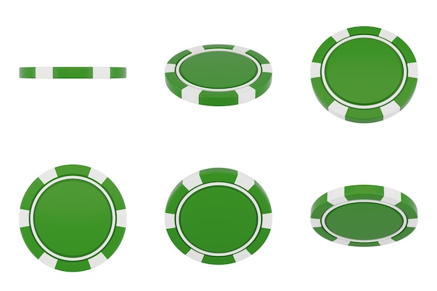 Fichas de pôquer isoladas no fundo branco. Fichas de cassino verdes em posições diferentes. Renderização 3D.