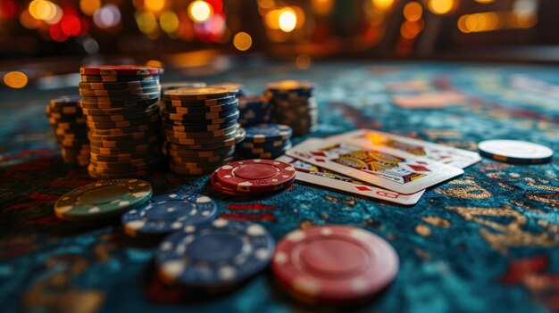 fichas e cartas de jogo de casino na mesa