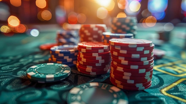 fichas de juego de casino en mesa verde con fondo bokeh