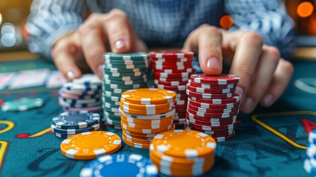 Las fichas de póquer apiladas en la mesa del casino con las manos del jugador en movimiento