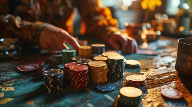 Foto fichas de póquer y cartas en la mesa en el casino closeup