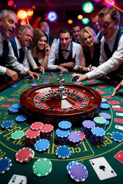 Foto fichas de póquer en un juego con ruleta de casino