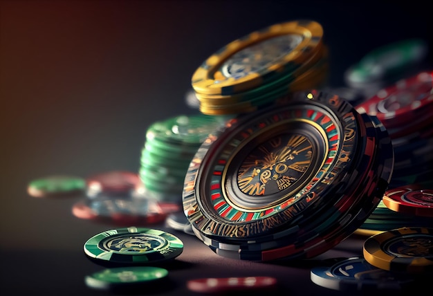 Fichas de póquer en una mesa de juego con hermosa iluminación AI