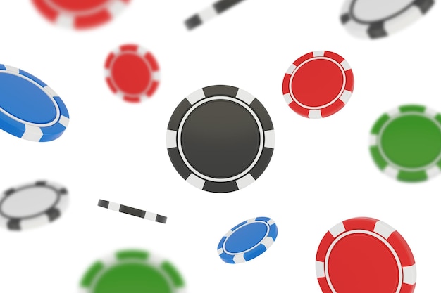 Fichas de póquer negras, rojas, azules, verdes y blancas en diferentes posiciones aisladas sobre fondo blanco. Fichas de casino cayendo en el aire. Render 3D.