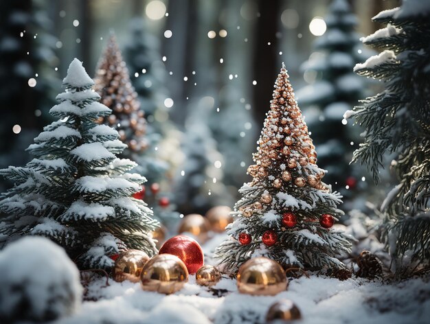 Fichte im Wald geschmückt mit Girlanden und Weihnachtsspielzeug es ist Schnee um
