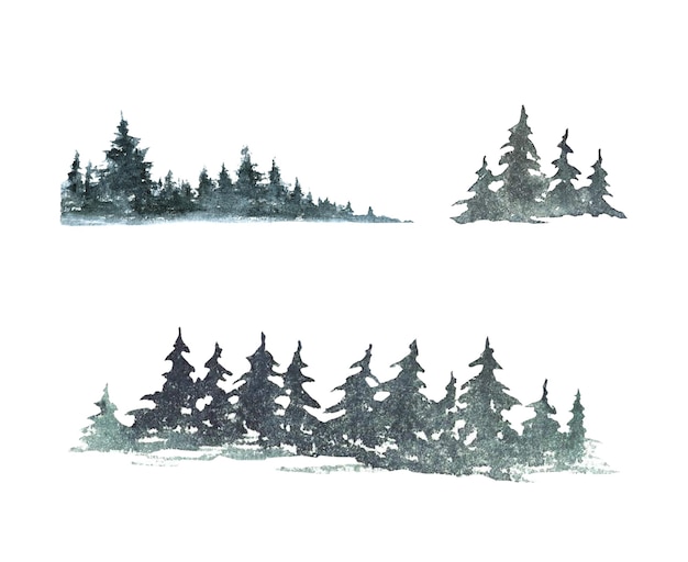 Fichten, Waldsilhouetten, Schnee, Weihnachtsfeuern, immergrüne Wälder, handgemalte Aquarelle