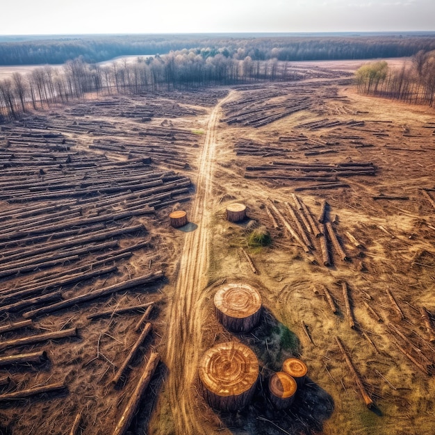 Fichtenstämme stapeln sich. Gesägte Bäume aus dem Wald. Holzeinschlag, Holzindustrie, generative KI