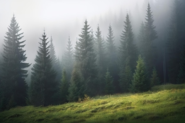 Fichtenwald an einem nebligen Morgen mit Nebel, der vom Boden aufsteigt