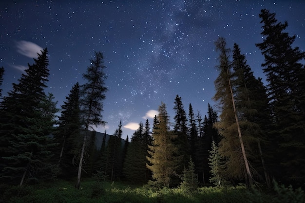 Fichtenwald bei Nacht mit sichtbaren Sternen am Himmel