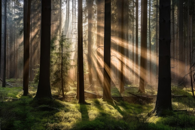 Fichtenwald bei Sonnenaufgang mit Lichtstrahlen, die durch die Bäume dringen