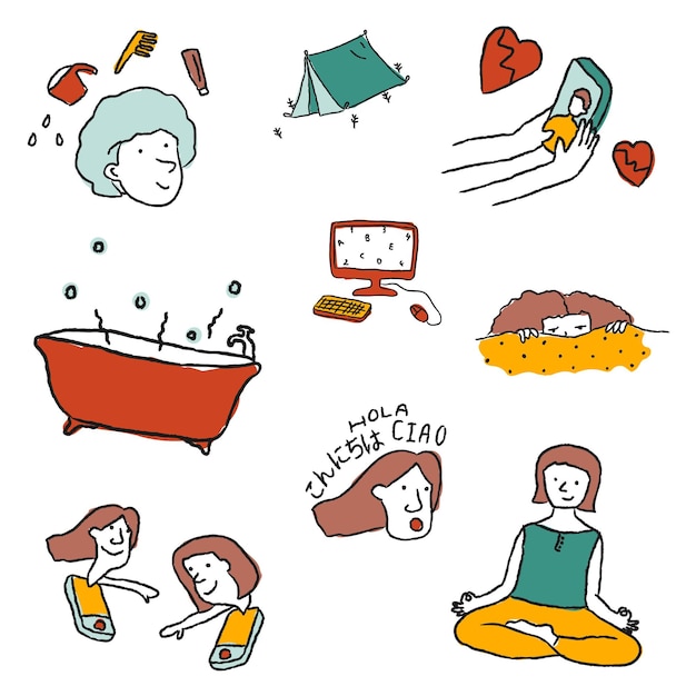 Ficou em casa para fazer lista de elementos de design de adesivos doodle