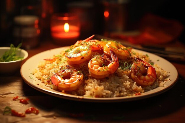 Foto fideos de arroz con camarones y verduras de cerca en la mesa