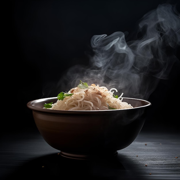 Fideos de arroz con vapor sobre un fondo oscuro