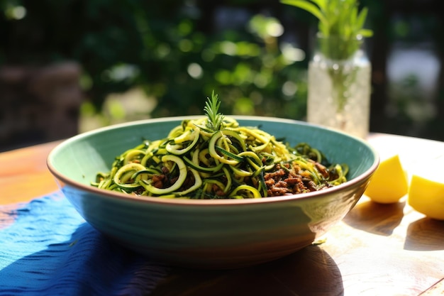 Los fideos de calabacín en espiral en un cuenco como una alternativa a la pasta sin gluten