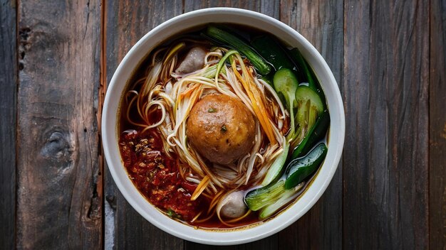 fideos con carne de cerdo y bolas de cerdo pasta de chile con sopa al estilo tailandés y fideos de barco de verduras