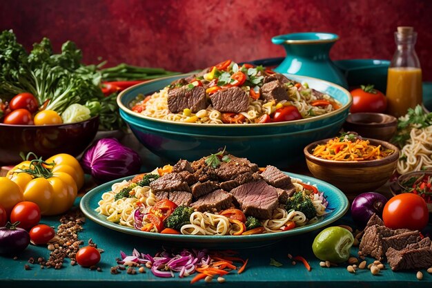 Fideos Con Carne De Res Y Verduras En Una Mesa Negra Y Colorida Fotos De Comida China