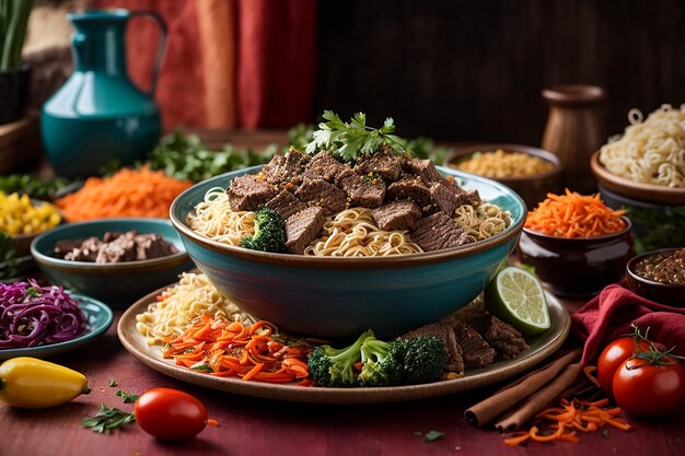 Fideos Con Carne De Res Y Verduras En Una Mesa Negra Y Colorida Fotos De Comida China