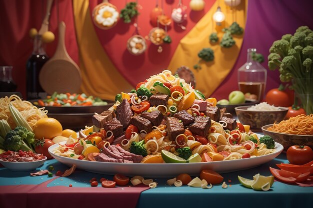 Fideos Con Carne De Res Y Verduras En Una Mesa Negra Y Colorida Fotos De Comida China