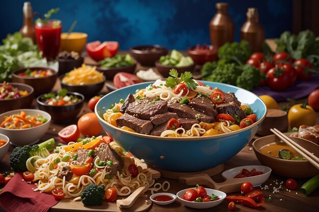 Fideos Con Carne De Res Y Verduras En Una Mesa Negra Y Colorida Fotos De Comida China