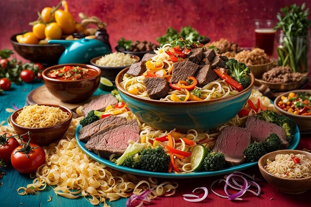 Fideos Con Carne De Res Y Verduras En Una Mesa Negra Y Colorida Fotos De Comida China