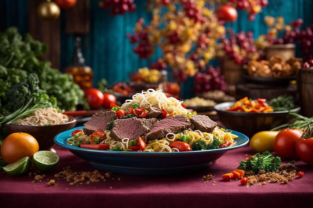 Fideos Con Carne De Res Y Verduras En Una Mesa Negra Y Colorida Fotos De Comida China