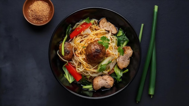 fideos de comida tailandesa con albóndigas de cerdo y verduras