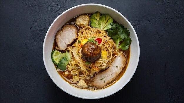 fideos de comida tailandesa con albóndigas de cerdo y verduras