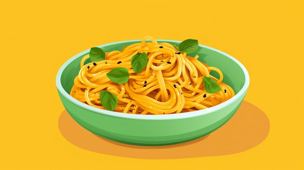 Los fideos en un cuenco con un fondo amarillo