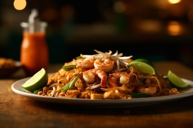 Fideos fritos Pad Thai en un plato de comida de Tailandia