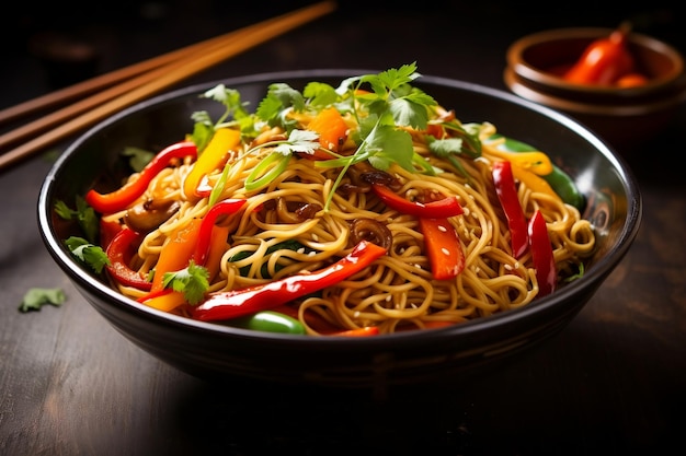 fideos fritos con verduras preparados por un chef profesional generativo Ai