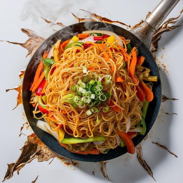 Los fideos Hakka de huevo se fríen y se revuelven