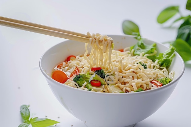 Foto fideos instantáneos cocidos salpicados con especias verduras hierbas