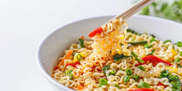 Foto fideos instantáneos cocidos salpicados con especias verduras hierbas