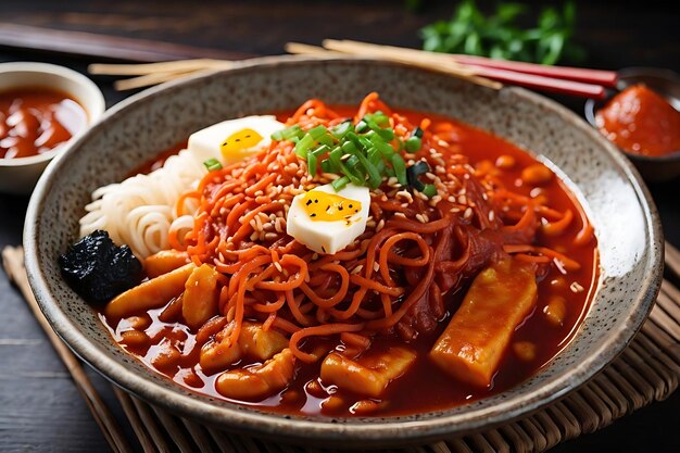 fideos instantáneos coreanos y tteokbokki en salsa picante coreana comida antigua