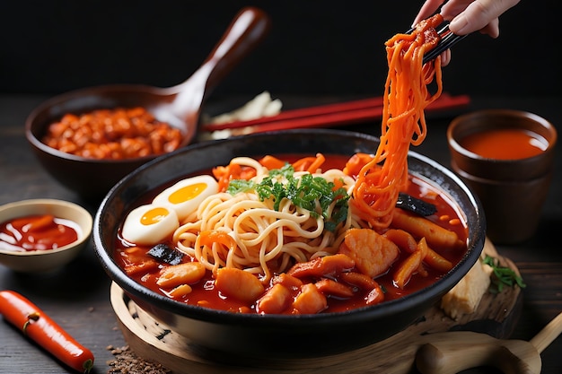 fideos instantáneos coreanos y tteokbokki en salsa picante coreana comida antigua