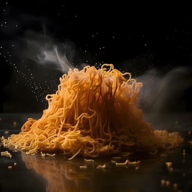 Fideos instantáneos con salpicaduras y vapor sobre un fondo negro Copiar espacio