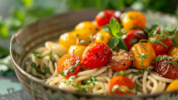 Los fideos de pasta servidos con pimientos amarillos y rojos asados