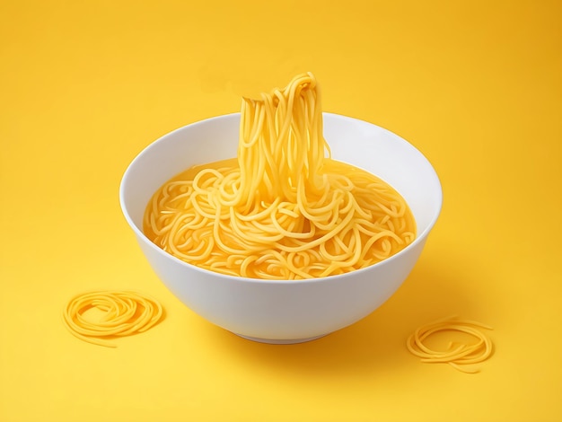 Foto fideos picantes en un cuenco con el fondo amarillo