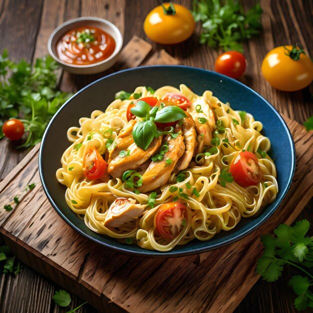 fideos de pollo y tomates en la mesa de madera