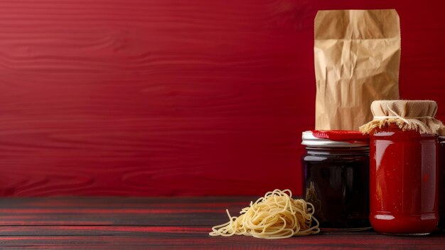 Foto los fideos y la salsa de shirataki en frascos de vidrio sobre un fondo de madera roja