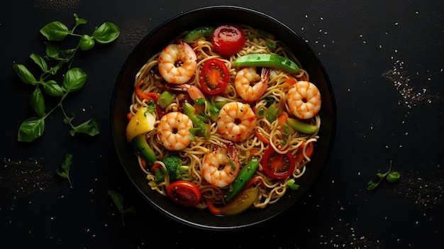 Fideos salteados con verduras y gambas en un tazón negro Imagen generada por IA