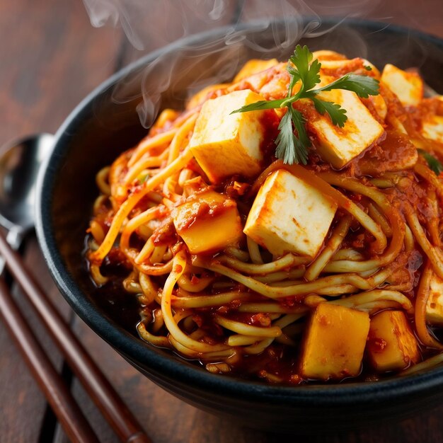 Foto los fideos schezwan hakka con paneer o queso cottage servidos en un cuenco con enfoque selectivo