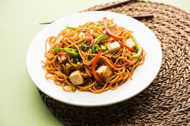 Fideos Schezwan hakka con paneer o requesón. Servido en un bol. enfoque selectivo