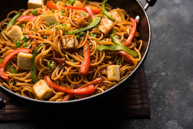 Fideos Schezwan hakka con paneer o requesón. Servido en un bol. enfoque selectivo