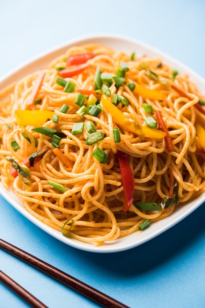 Los fideos Schezwan o los fideos Hakka de verduras o chow mein son recetas populares indochinas, que se sirven en un tazón o plato con palillos de madera. enfoque selectivo